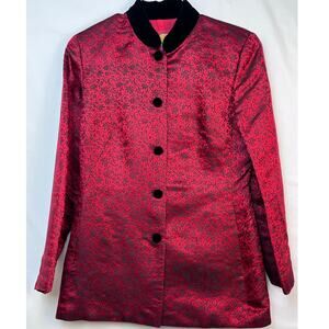 Shanghai Tang Women's Size 10 Red/Black Floral Print 100% Silk Button Up Jacket